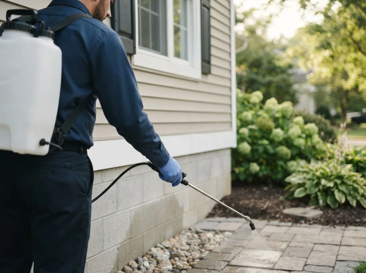 Pest control technician inspecting a home in French Creek, WV
